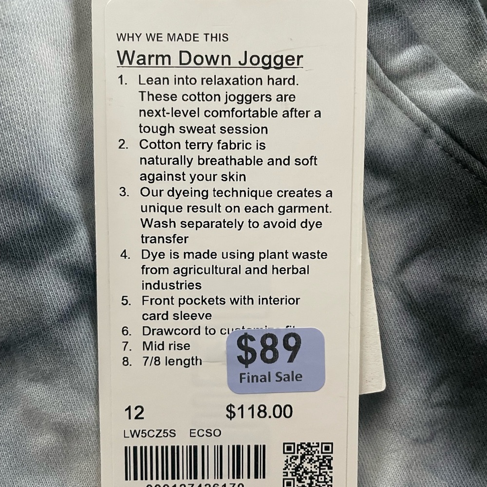 NWT Lululemon Warm Down Jogger Size 12